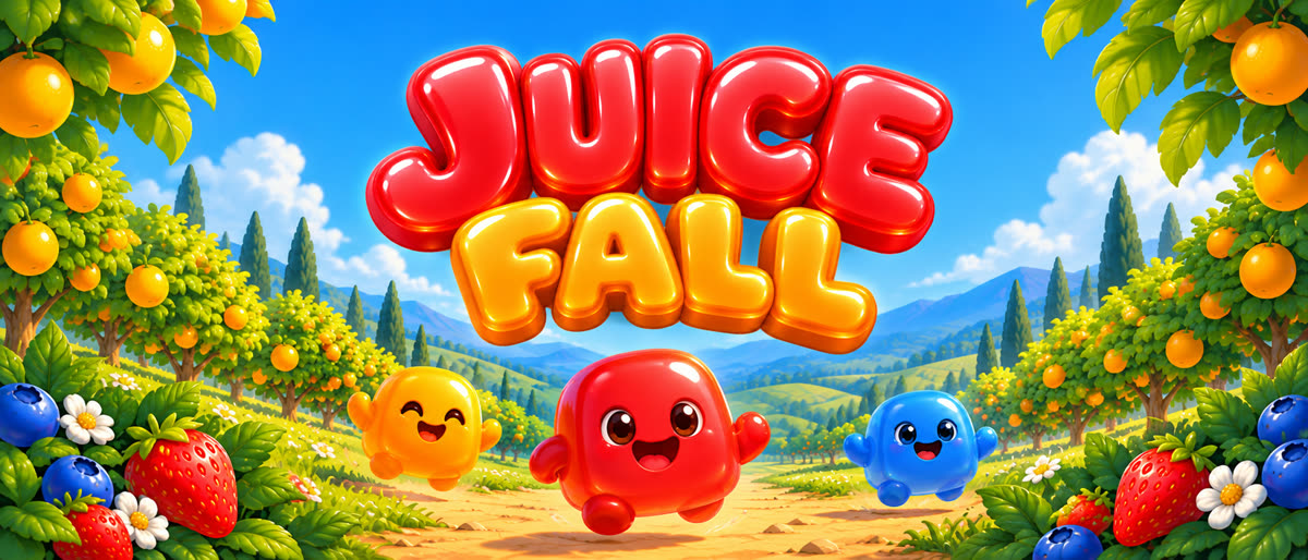 Juicefall: the title over a fruit garden, with three smiling jellies running down the path