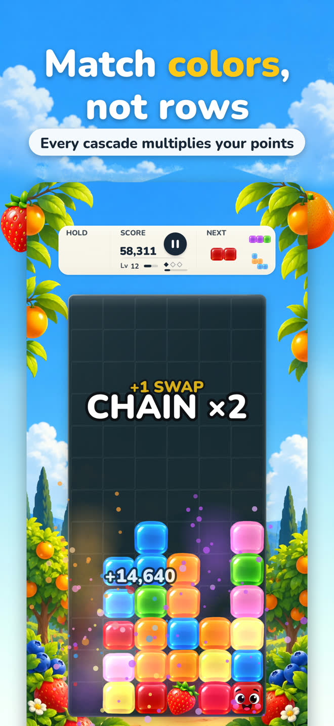 Match colors, not rows: a chain of two on a full board, every cascade multiplies your points