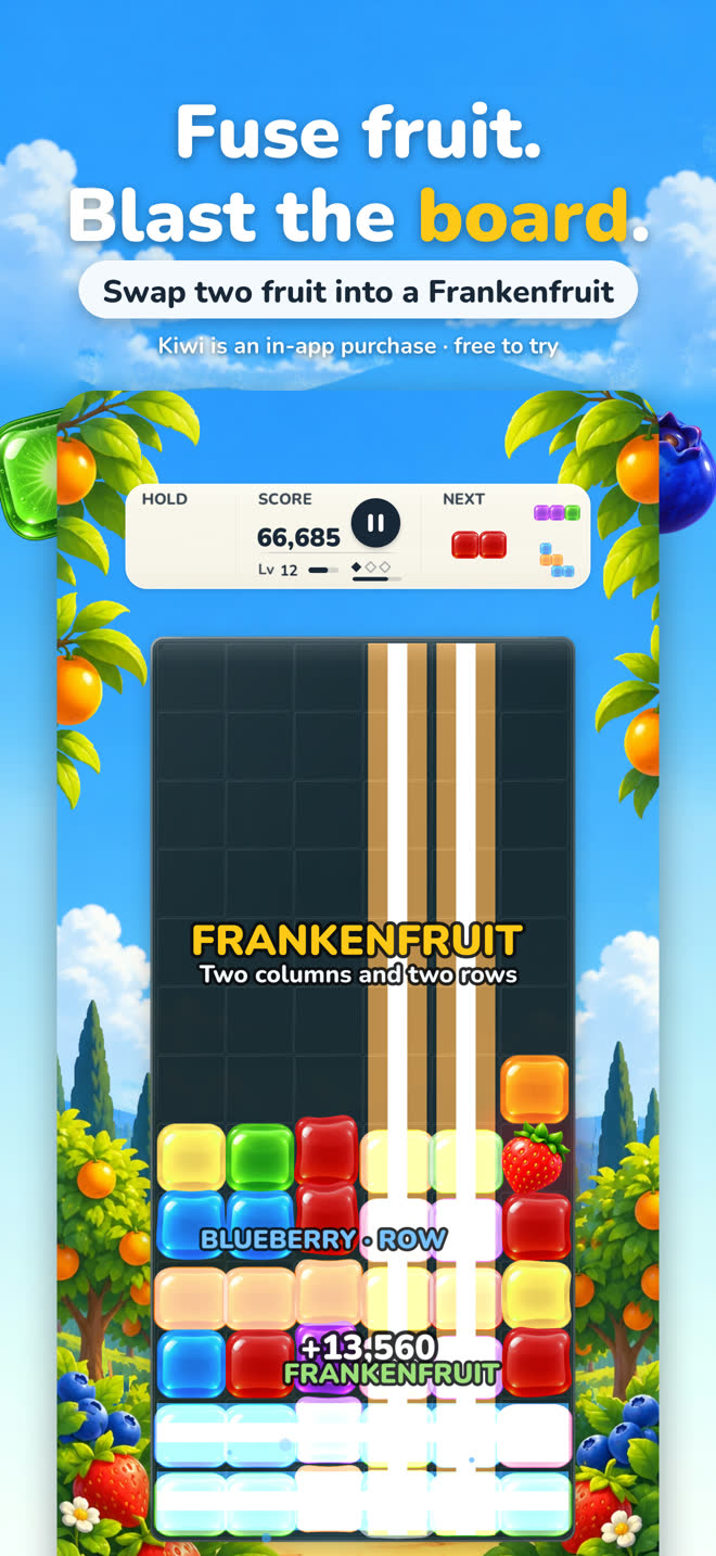 Fuse fruit, blast the board: two fruit swapped together clear two columns and two rows