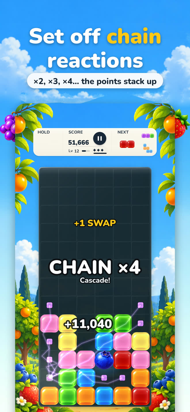 Set off chain reactions: a chain of four, the points stack up